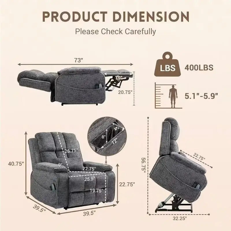 Power Lift Recliner with Extended Footrest,Overstuffed Chenille Dual Motor Recliners with Heat/Message,USB Type C Charging