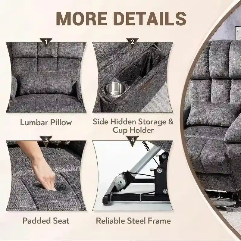 Power Lift Recliner with Extended Footrest,Overstuffed Chenille Dual Motor Recliners with Heat/Message,USB Type C Charging