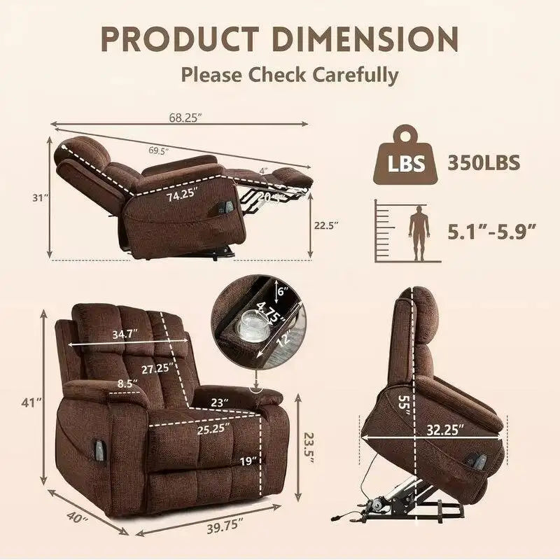 Power Lift Recliner with Extended Footrest,Overstuffed Chenille Dual Motor Recliners with Heat/Message,USB Type C Charging