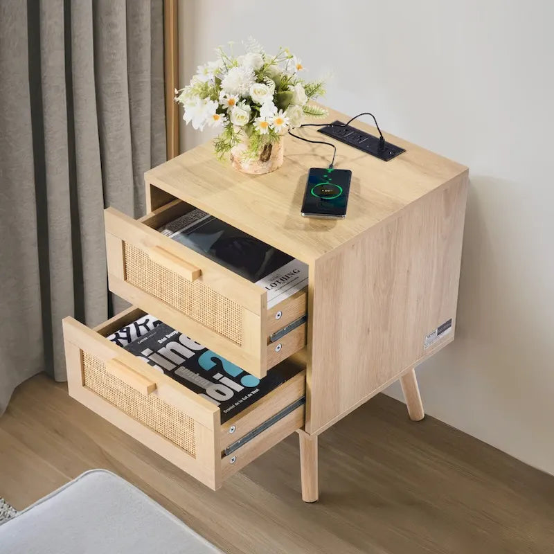 Natural Wooden Nightstand Side End Table with 2 Rattan Decorated Storage Drawers and USB Ports