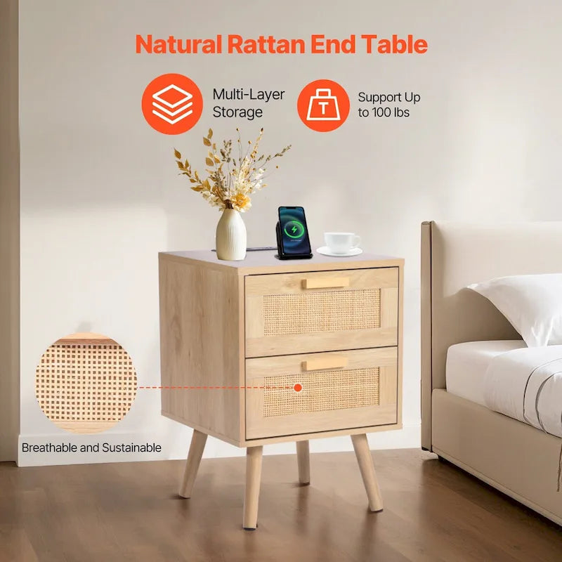 Natural Wooden Nightstand Side End Table with 2 Rattan Decorated Storage Drawers and USB Ports