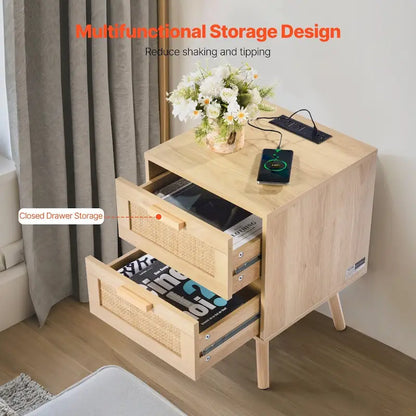 Natural Wooden Nightstand Side End Table with 2 Rattan Decorated Storage Drawers and USB Ports