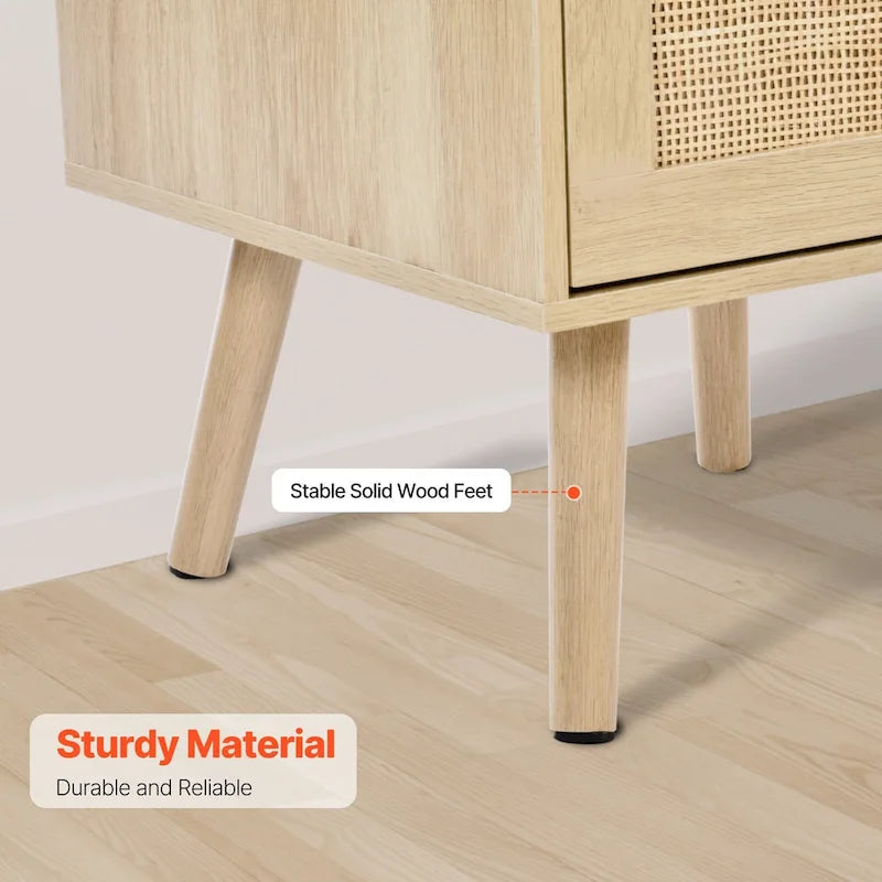 Natural Wooden Nightstand Side End Table with 2 Rattan Decorated Storage Drawers and USB Ports