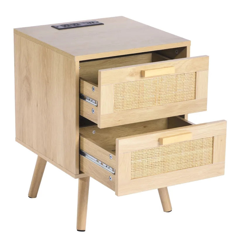 Natural Wooden Nightstand Side End Table with 2 Rattan Decorated Storage Drawers and USB Ports
