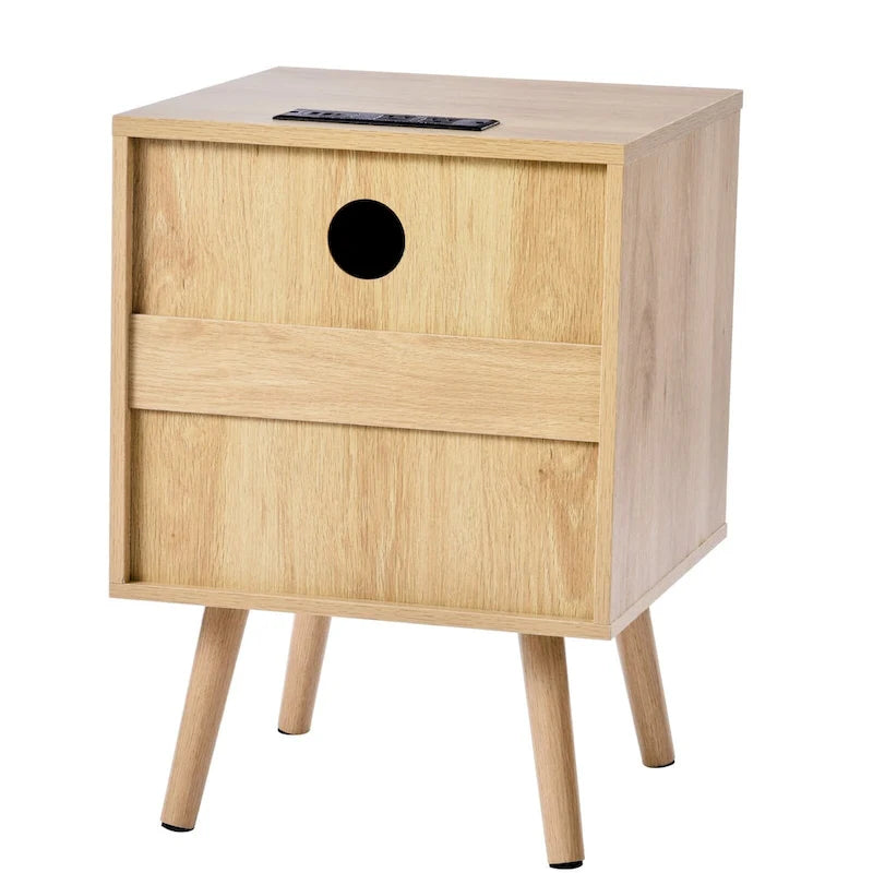 Natural Wooden Nightstand Side End Table with 2 Rattan Decorated Storage Drawers and USB Ports