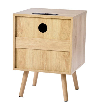 Natural Wooden Nightstand Side End Table with 2 Rattan Decorated Storage Drawers and USB Ports