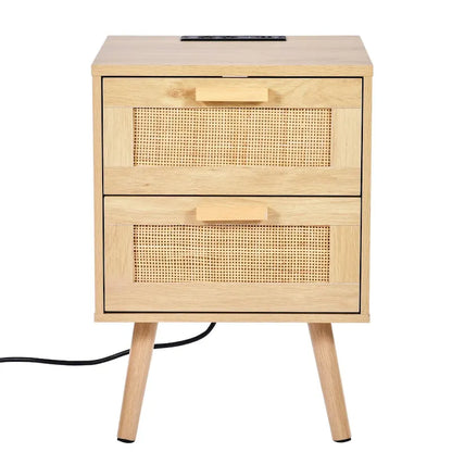 Natural Wooden Nightstand Side End Table with 2 Rattan Decorated Storage Drawers and USB Ports