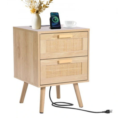 Natural Wooden Nightstand Side End Table with 2 Rattan Decorated Storage Drawers and USB Ports