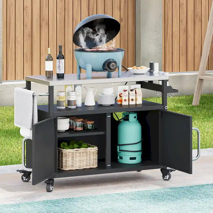 Outdoor Kitchen Island With Stainless Steel Tabletop,Metal Grill Cart Table With Storage Cabinet - N/A