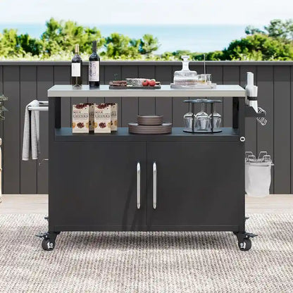 Outdoor Kitchen Island With Stainless Steel Tabletop,Metal Grill Cart Table With Storage Cabinet - N/A