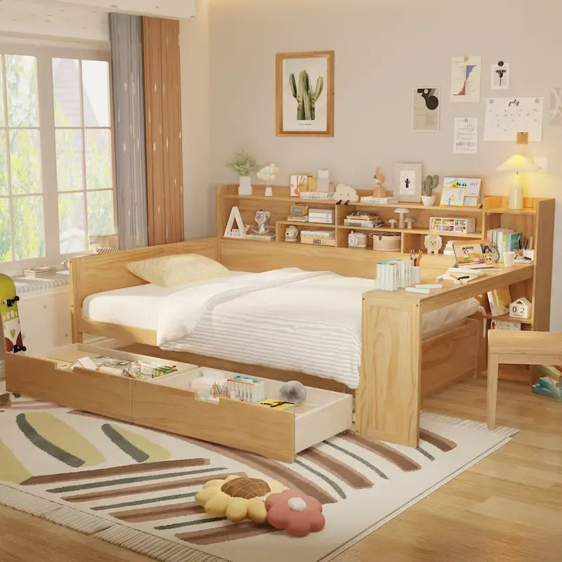 Wooden Full Size Daybed with Storage Shelves, Two Drawers & Study Desk,Natural