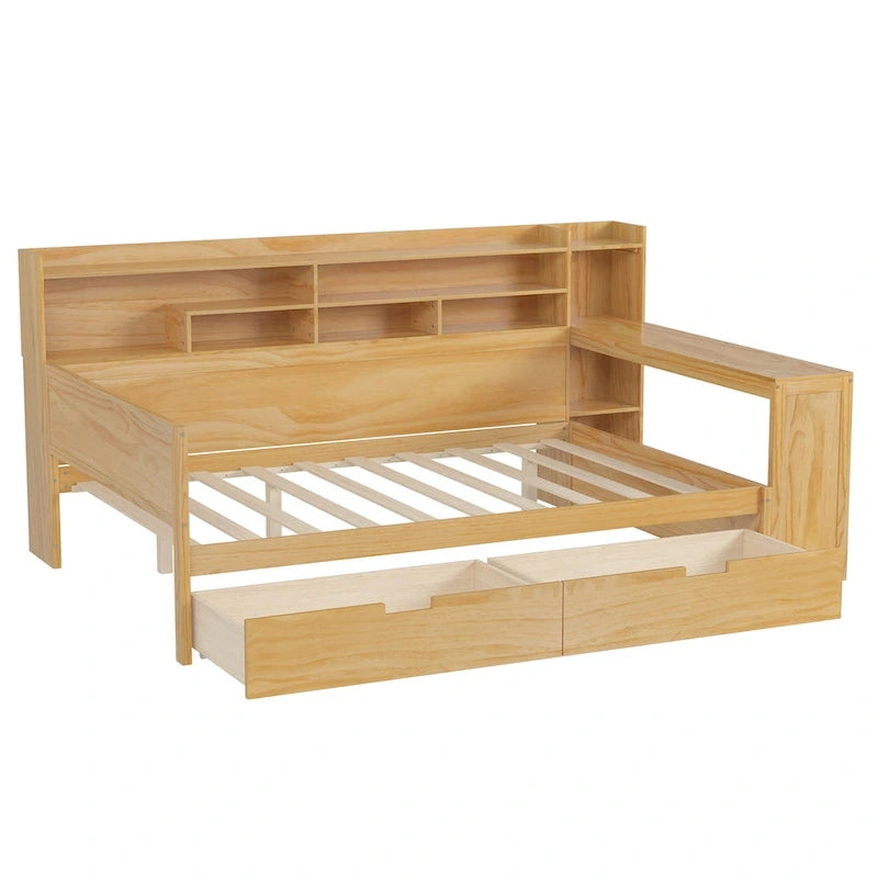 Wooden Full Size Daybed with Storage Shelves, Two Drawers & Study Desk,Natural