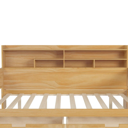 Wooden Full Size Daybed with Storage Shelves, Two Drawers & Study Desk,Natural