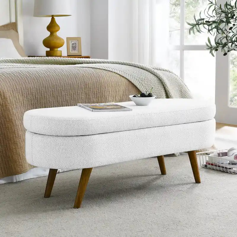 43.5 in. Oval Bedroom Bench Linen Fabric Upholstered Storage Ottoman Bench with Solid Wood Legs Entryway Bench