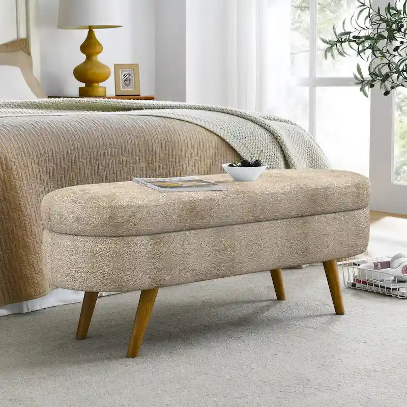 43.5 in. Oval Bedroom Bench Linen Fabric Upholstered Storage Ottoman Bench with Solid Wood Legs Entryway Bench