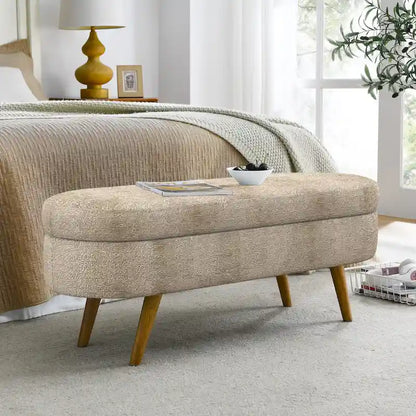 43.5 in. Oval Bedroom Bench Linen Fabric Upholstered Storage Ottoman Bench with Solid Wood Legs Entryway Bench