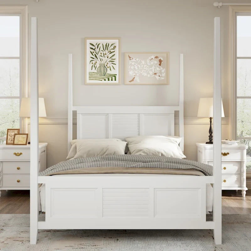 Roomfitters Queen Size Poster Bed, Traditional Wood Frame, Horizontal Grille Design, White