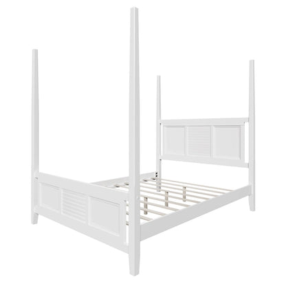 Roomfitters Queen Size Poster Bed, Traditional Wood Frame, Horizontal Grille Design, White