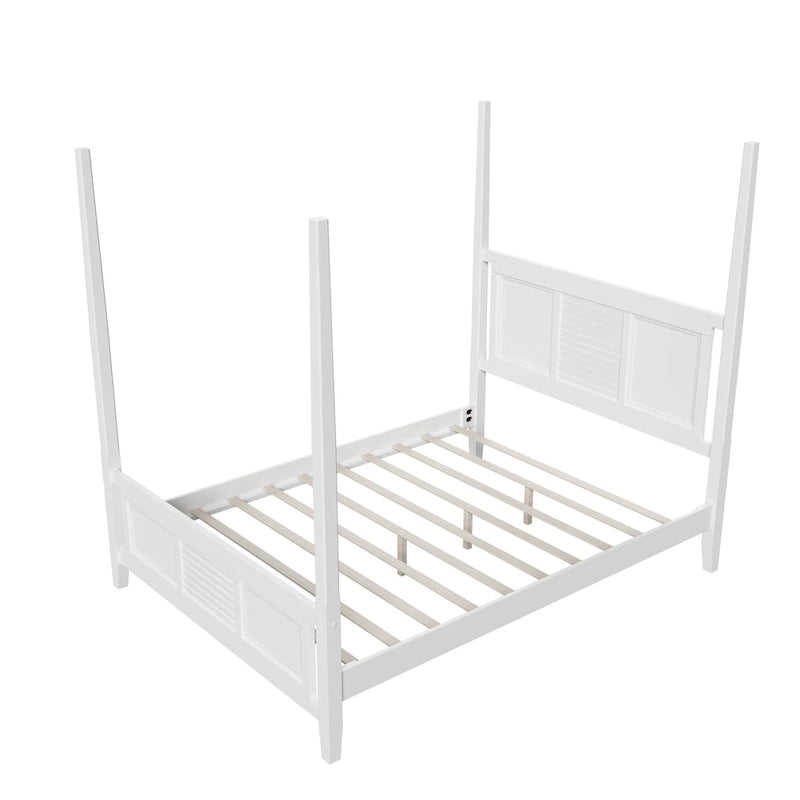 Roomfitters Queen Size Poster Bed, Traditional Wood Frame, Horizontal Grille Design, White