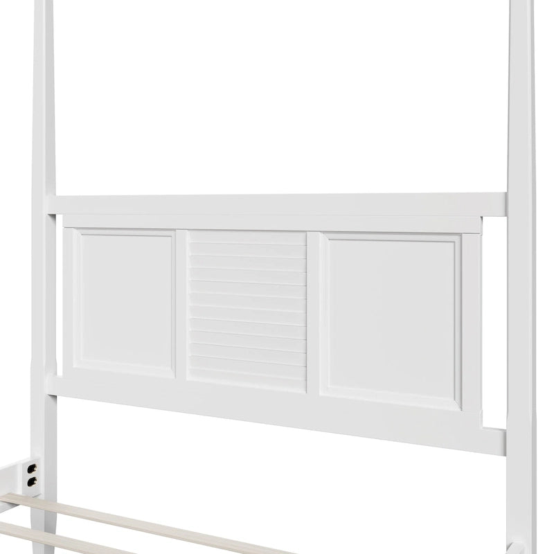 Roomfitters Queen Size Poster Bed, Traditional Wood Frame, Horizontal Grille Design, White