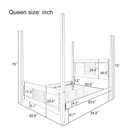 Roomfitters Queen Size Poster Bed, Traditional Wood Frame, Horizontal Grille Design, White