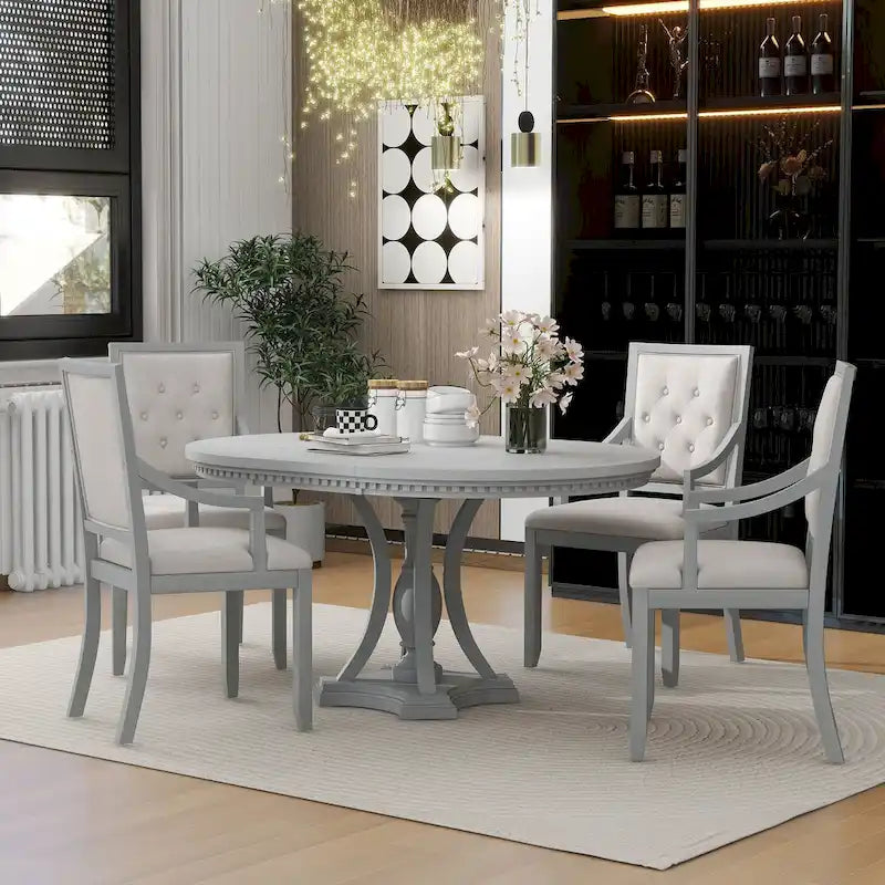 Extendable Dining Table and Chair Sets Rustic Farmhouse Dining Table and Chair Sets with Manual Leaf Extension for Kitchen