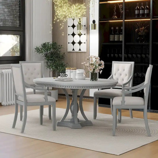 Extendable Dining Table and Chair Sets Rustic Farmhouse Dining Table and Chair Sets with Manual Leaf Extension for Kitchen