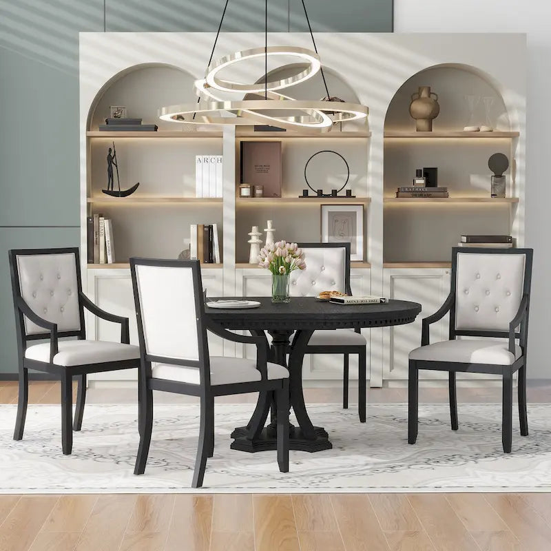 Extendable Dining Table and Chair Sets Rustic Farmhouse Dining Table and Chair Sets with Manual Leaf Extension for Kitchen