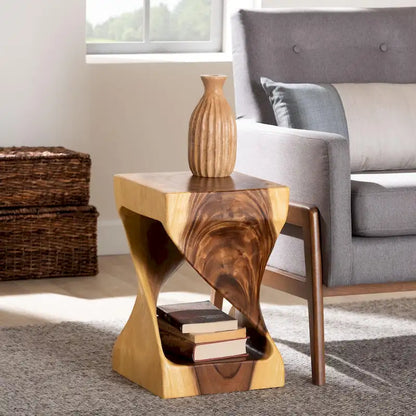 Rapha Hand-carved Suar Wood Side Table - Sculptural Accent Table with Twist Design, Modern Boho Style for Living Room or Bedroom