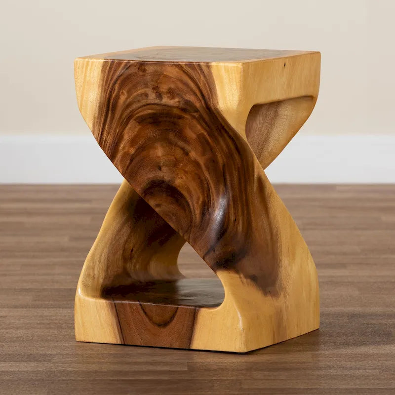 Rapha Hand-carved Suar Wood Side Table - Sculptural Accent Table with Twist Design, Modern Boho Style for Living Room or Bedroom
