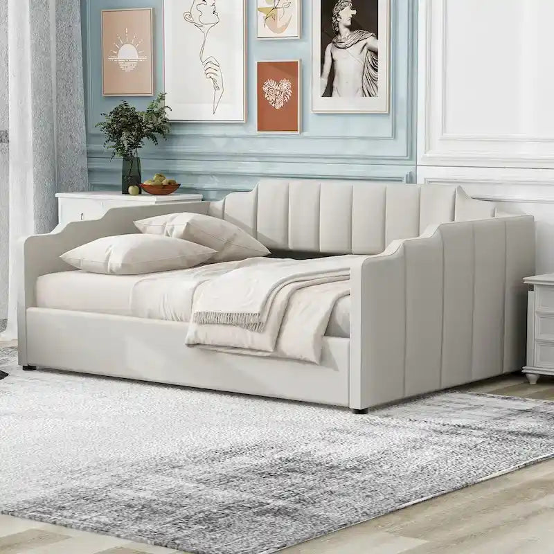 Upholstered Daybed with Underneath Storage,Full Size, Beige