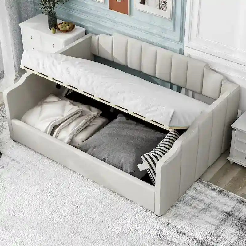 Upholstered Daybed with Underneath Storage,Full Size, Beige