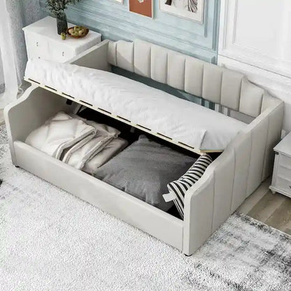 Upholstered Daybed with Underneath Storage,Full Size, Beige
