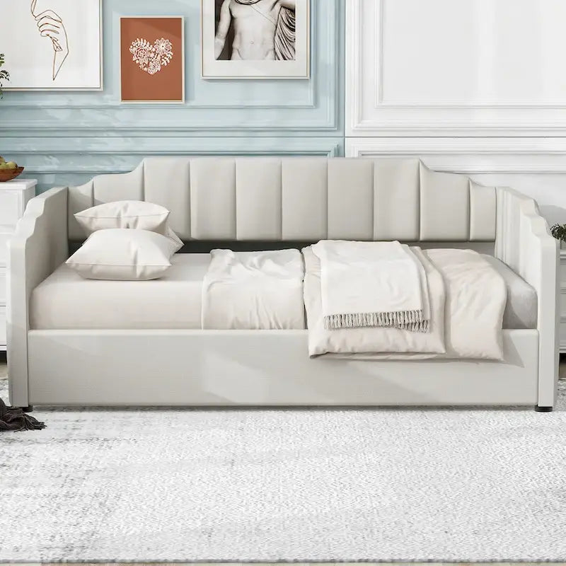 Upholstered Daybed with Underneath Storage,Full Size, Beige