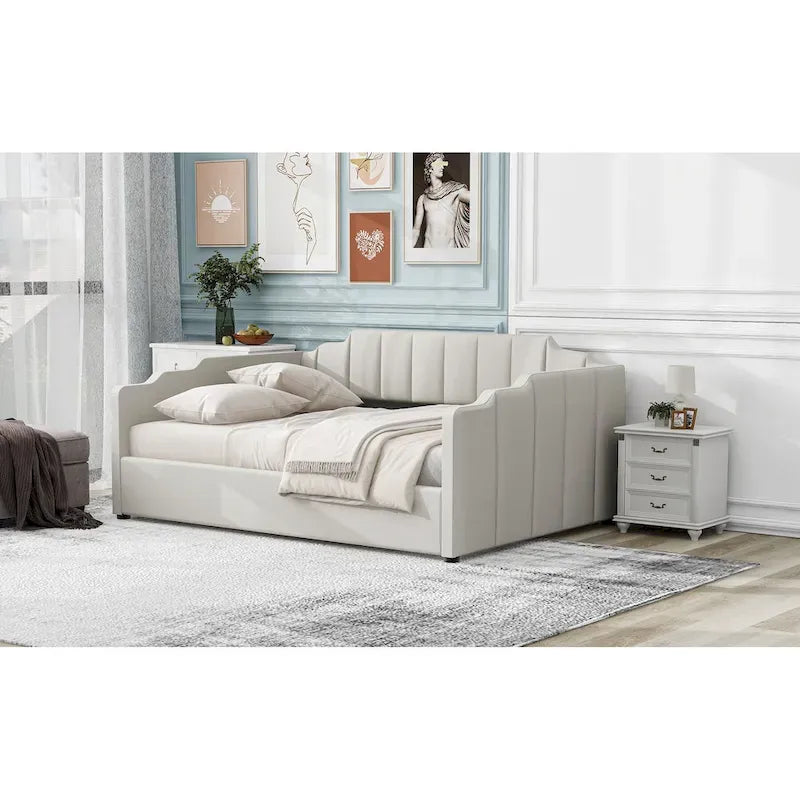 Upholstered Daybed with Underneath Storage,Full Size, Beige