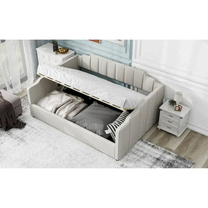 Upholstered Daybed with Underneath Storage,Full Size, Beige