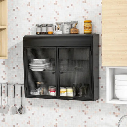 2-Door Wall-Mounted Metal Storage Cabinet with Tempered Glass Doors & Shelves for Bathroom, Kitchen, Living Room & Office