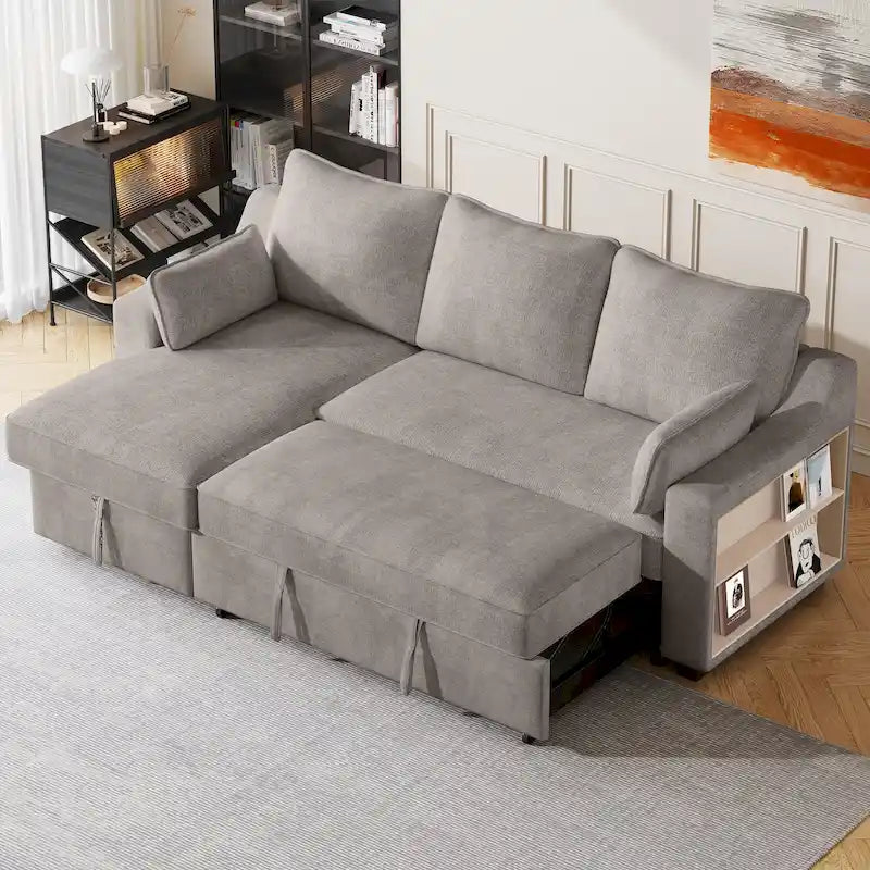 L-Shaped Reversible Sleeper Sectional Couch Pull Out Sofa Bed with Storage Racks, 2 Pillows and USB Port for Living Room