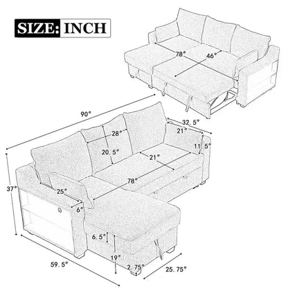 L-Shaped Reversible Sleeper Sectional Couch Pull Out Sofa Bed with Storage Racks, 2 Pillows and USB Port for Living Room