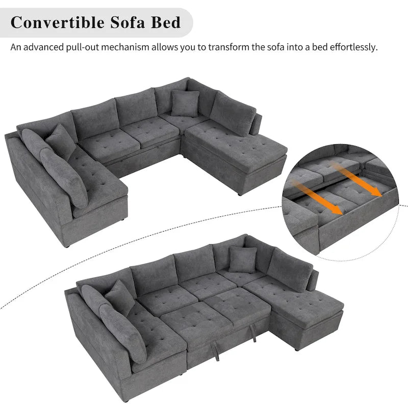 L-Shaped Reversible Sleeper Sectional Couch Pull Out Sofa Bed with Storage Racks, 2 Pillows and USB Port for Living Room
