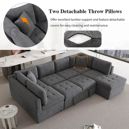 L-Shaped Reversible Sleeper Sectional Couch Pull Out Sofa Bed with Storage Racks, 2 Pillows and USB Port for Living Room