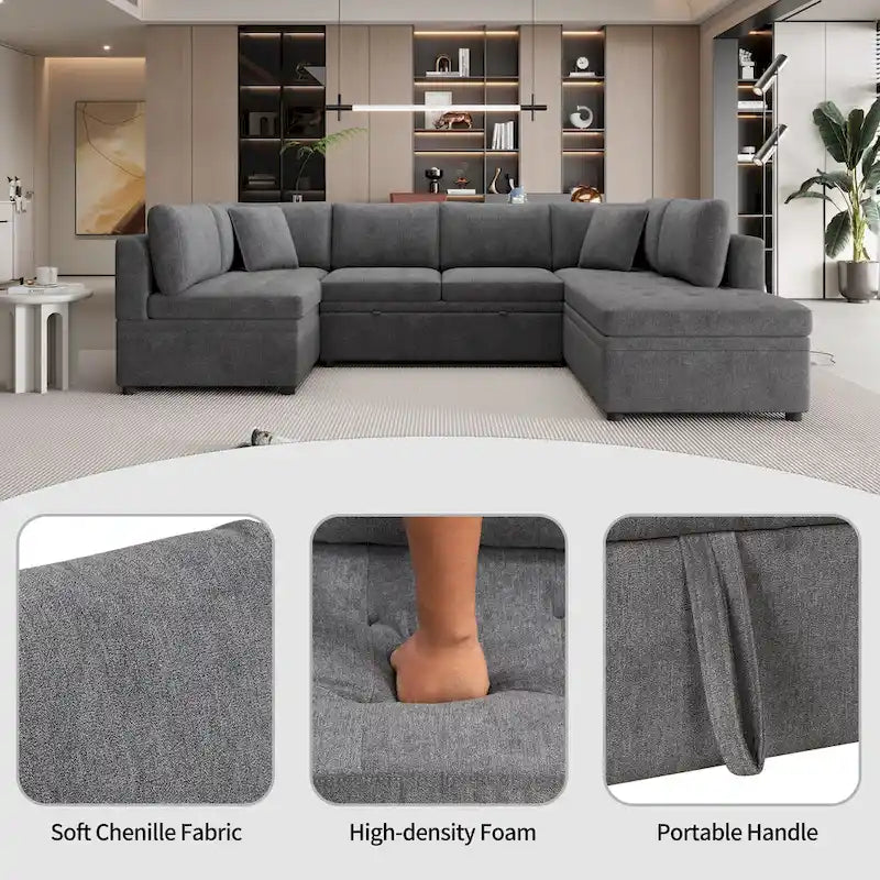L-Shaped Reversible Sleeper Sectional Couch Pull Out Sofa Bed with Storage Racks, 2 Pillows and USB Port for Living Room