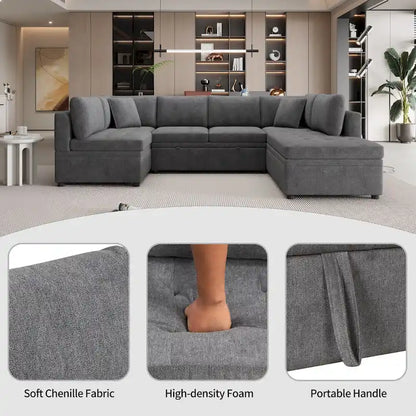 L-Shaped Reversible Sleeper Sectional Couch Pull Out Sofa Bed with Storage Racks, 2 Pillows and USB Port for Living Room