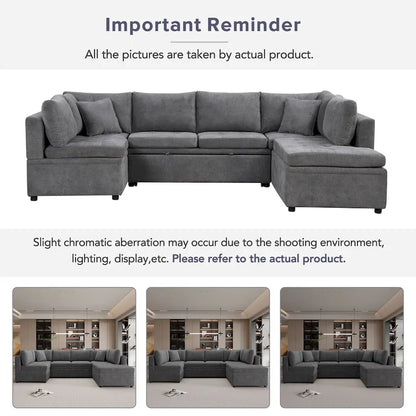 L-Shaped Reversible Sleeper Sectional Couch Pull Out Sofa Bed with Storage Racks, 2 Pillows and USB Port for Living Room
