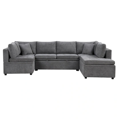 L-Shaped Reversible Sleeper Sectional Couch Pull Out Sofa Bed with Storage Racks, 2 Pillows and USB Port for Living Room