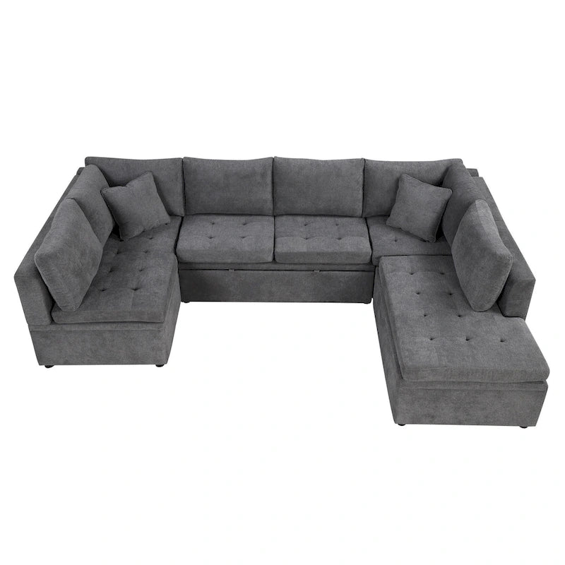 L-Shaped Reversible Sleeper Sectional Couch Pull Out Sofa Bed with Storage Racks, 2 Pillows and USB Port for Living Room