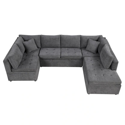 L-Shaped Reversible Sleeper Sectional Couch Pull Out Sofa Bed with Storage Racks, 2 Pillows and USB Port for Living Room