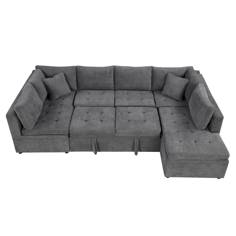 L-Shaped Reversible Sleeper Sectional Couch Pull Out Sofa Bed with Storage Racks, 2 Pillows and USB Port for Living Room