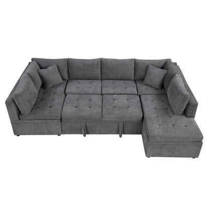 L-Shaped Reversible Sleeper Sectional Couch Pull Out Sofa Bed with Storage Racks, 2 Pillows and USB Port for Living Room