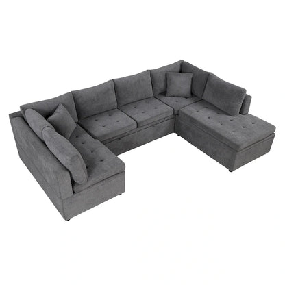 L-Shaped Reversible Sleeper Sectional Couch Pull Out Sofa Bed with Storage Racks, 2 Pillows and USB Port for Living Room